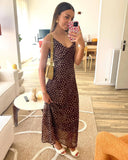 SEAME - Eloise Women's Dress - Sleeveless Polka Dot Suspender with Layered Design Brown M